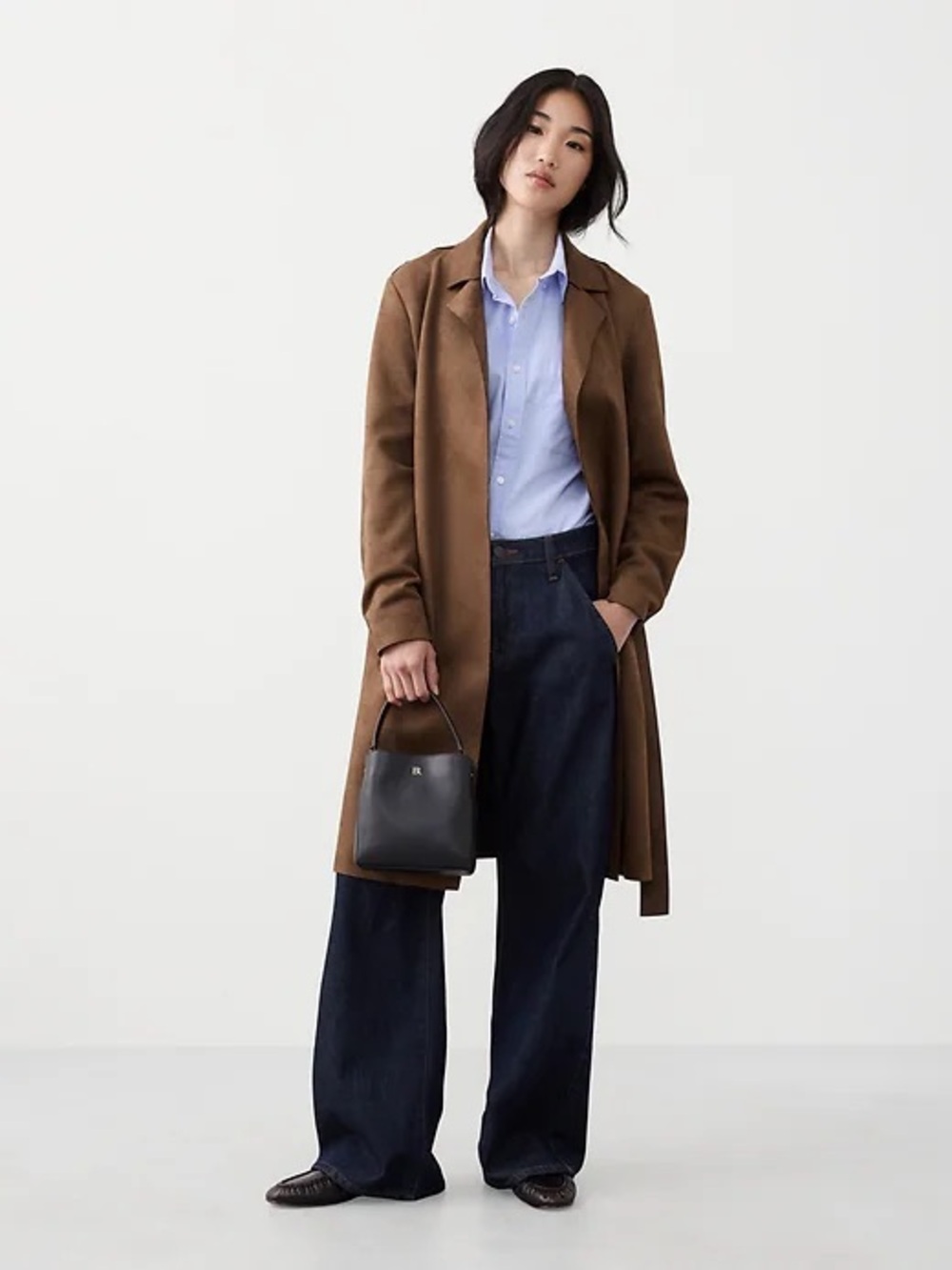 Banana Republic Factory Vegan Suede Long Wrap Coat Brown Belted Knee Length, XXS